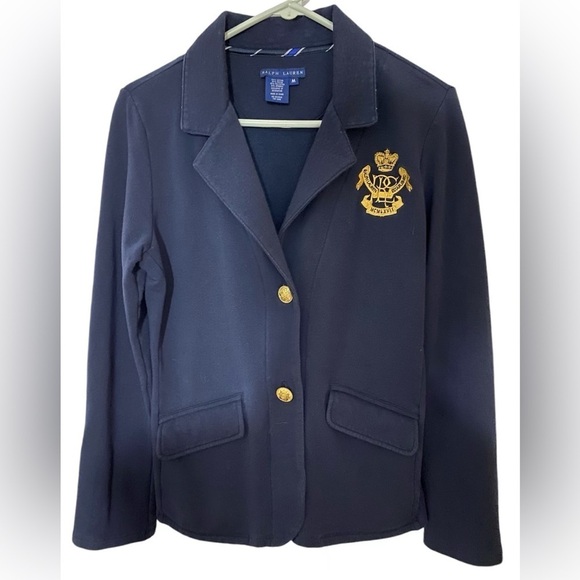 Ralph Lauren Jackets & Blazers - Ralph Lauren Blue Knit Blazer Cardigan Medium Embroidered Crest Gold Button‎